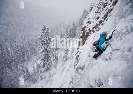 Un fort grimpeur femelle monte glace Moonlight WI4, même Thomas Creek, Kananaskis, Alberta, Canada Banque D'Images