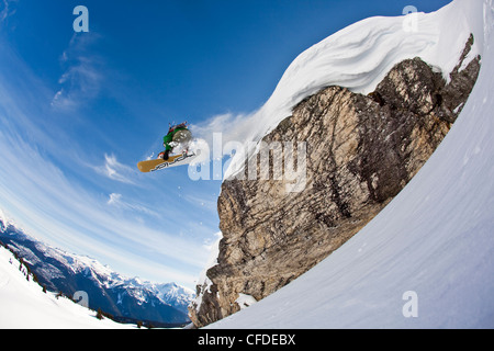 Un surfeur est diffusé sur un oreiller de neige tandis que sur un voyage de ski de chat. Montagnes Monashee, Vernon, British Columbia, Canada Banque D'Images