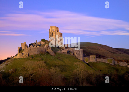 Les ruines du 11ème siècle château de Corfe après le coucher du soleil, près de Wareham, l'île de Purbeck, Dorset, Angleterre, Royaume-Uni. L'Europe Banque D'Images