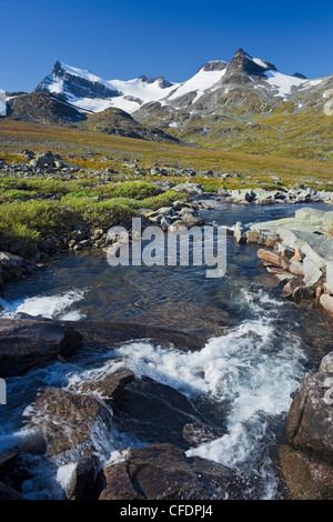 Leira river dans la lumière du soleil, le parc national de Jotunheimen, Leirdalen, Smoerstabtindan, Norvège, Europe Banque D'Images