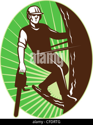 Illustration d'un arboriste tree surgeon avec tronçonneuse escalade un arbre fait dans le style rétro situé à l'intérieur d'une ellipse Banque D'Images