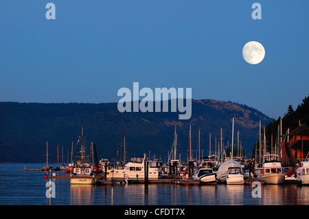 La pleine lune s'élève au-dessus d'une marina à Cowichan Bay, British Columbia, Canada. Banque D'Images