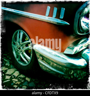 Détail de voiture américaine classique sur les rues pavées de Trinidad, Cuba, Antilles, Caraïbes, Amérique Centrale Banque D'Images