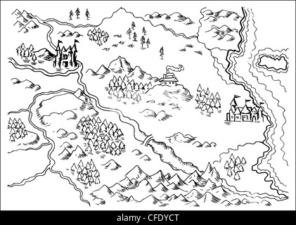 Illustration Dessin D Une Carte D Un Pays Imaginaire Montrant Les Rivieres De Montagnes Arbres Monastere Chateaux Route Mer Terre Cote Sur Grunge Texture Background Photo Stock Alamy