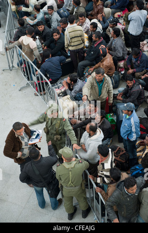 L'aéroport de Djerba. La Tunisie. Environ 15000 réfugiés évacués de Libye en attente d'avions pour les ramener à la maison. 2011 Banque D'Images