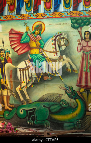 Debre Libanos. Monastère. Église orthodoxe. L'Éthiopie. Peinture murale représentant saint Georges tuant le dragon. Banque D'Images