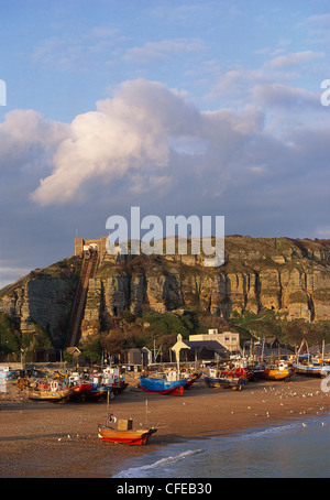 Vue de la flotte de pêche au Stade Beach et East Hill. Hastings. UK Banque D'Images