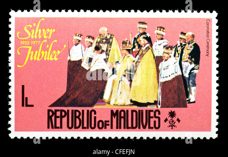 Les Maldives à partir de timbre-poste émis pour la 25'e anniversaire du couronnement de la reine Elizabeth II en 1977. Banque D'Images