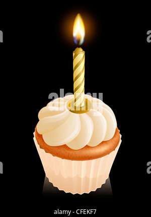 Fairy cake cupcake avec graphique sur le dessus de la bougie d'anniversaire d'or Banque D'Images