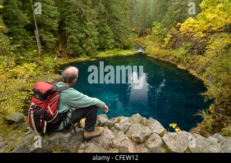 Tamolitch randonneur avec vue sur piscine, un bassin alimenté par le long de la rivière McKenzie dans l'Oregon est des Cascades. Banque D'Images