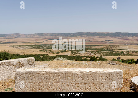 Dougga. La Tunisie. Avis de blocs de pierre ou des monuments inscrits avec texte latin surplombant la vallée fertile au-dessous de l'ancienne Banque D'Images