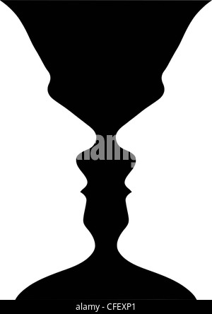 Illusion optique d'un vase bleu avec fond jaune ou deux personnes face à face Banque D'Images