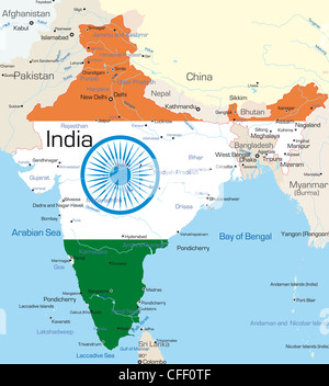 Carte vectorielle de l'Inde aux couleurs du drapeau national par pays Banque D'Images