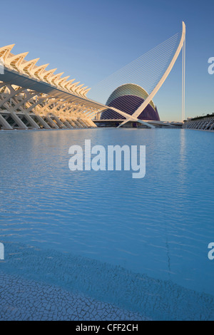 Museo de las Ciencias Príncipe Felipe et l'Agora dans la lumière du soleil, Ciudad de las Artes y de las Ciencias, Valence, Espagne, Europ Banque D'Images