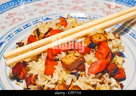 Plat chinois avec le tofu,carottes,riz Banque D'Images