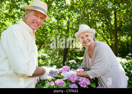 Homme et une femme sourire en fleurs prune ensemble Banque D'Images