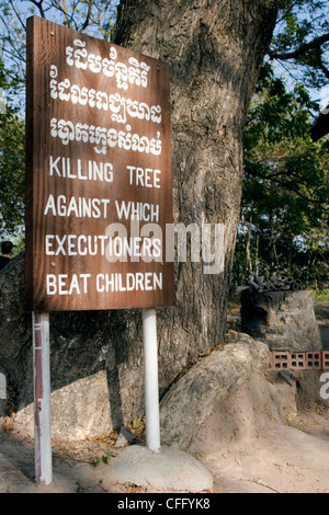 Un arbre mort Chankiri ou arbre utilisé pour tuer les bébés est sur l'affichage à Choeung Ek Killing Fields Museum à Phnom Penh, Cambodge. Banque D'Images