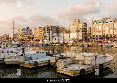 Tartous. La Syrie. La fin de l'après-midi soleil donne lueur chaude pour le port des bateaux de pêche et les bâtiments de la zone côtière au bord de l'eau Banque D'Images