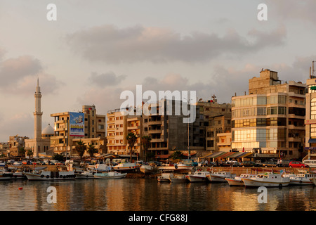 Tartous. La Syrie. La fin de l'après-midi soleil donne lueur chaude pour le port des bateaux de pêche et les bâtiments de la zone côtière au bord de l'eau Banque D'Images