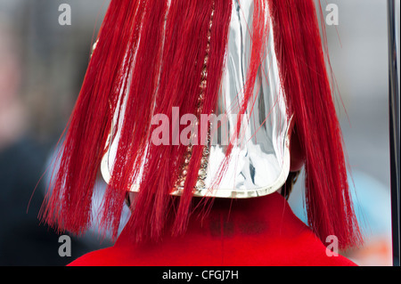 Close up de l'arrière d'un Blues et du Régiment royal rouge montrant casque tassles Horse Guards Parade à Londres Banque D'Images