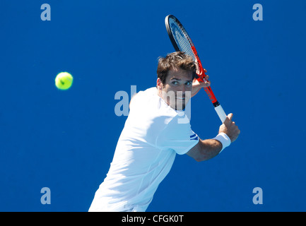 Tommy Haas (GER) en action à l'Australian Open 2012, tournoi du Grand Chelem de tennis de l'ITF, Melbourne Park, Australie. Banque D'Images