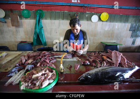 L'homme le nettoyage du poisson au marché aux poissons, homme, Maldives Banque D'Images