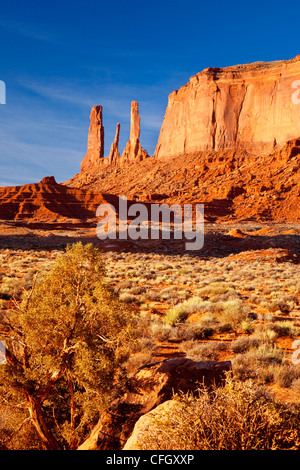 Lever de soleil sur les trois Sœurs, Monument Valley, Arizona USA Banque D'Images