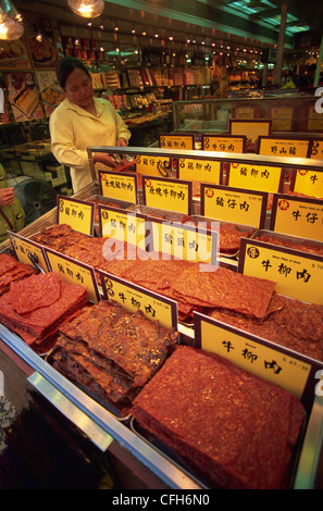 La Chine, Macao, appuyé sur un affichage typique Viande Nourriture Spécialité de Macau Banque D'Images