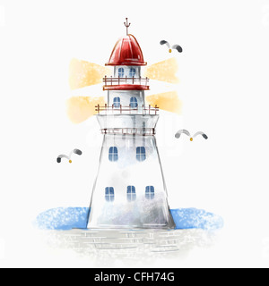 Le Red Roof light house avec les mouettes autour Banque D'Images