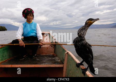 Bai pêcheur de cormorans sur le Lac Erhai, Dali, Yunnan, Chine Banque D'Images