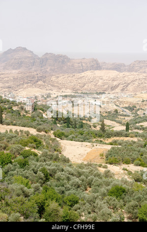 Petra. La Jordanie. Vue panoramique sur le sud de la ville jordanienne de Wadi Musa qui est la porte d'entrée de l'ancienne ville de Red rose Banque D'Images