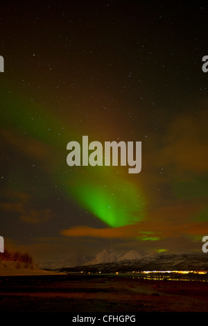 Aurora Borealis ou northern lights vu au cours des Alpes de Lyngen, de Sjursnes, Ullsfjord, Troms, Norvège du Nord, Europe Banque D'Images