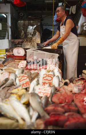 Poissonnier au marché traditionnel, Wan Chai, Hong Kong, Chine, Asie Banque D'Images