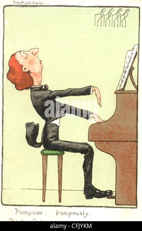 Carte postale comique faisant du plaisir de pianiste jouant du piano pompeux vers 1903 Banque D'Images