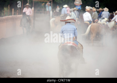 Charros mexicains horseman dans une pause pendant une coleadero dans un environnement poussiéreux lienzo charro (aka arena ou anneau), San Antonio, TX, US Banque D'Images