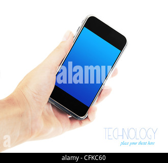Femme hand holding mobile phone, business woman, isolé sur fond blanc, la technologie numérique et de la communication Banque D'Images