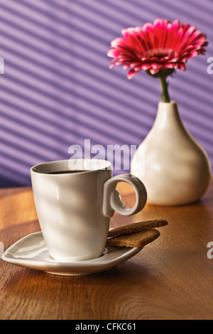 La lumière du soleil qui brillait à travers les stores des coupe à blanc et vase Banque D'Images