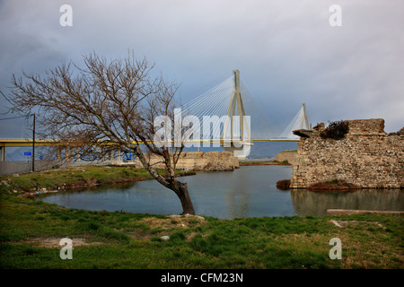 Le Rion Antirion- cable bridge et le château de Rio (aussi connu sous le nom de "Castello di Moreas'), dans l'Achaïe, Péloponnèse, Grèce. Banque D'Images