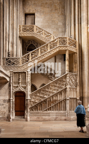 Dame avec bâton de marche à la recherche d'Escalier des libraires, à la Cathédrale de Rouen, Rouen, Haute-Normandie, France, Europe Banque D'Images