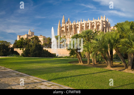 Vue depuis le Parc de la Mar à l'Almudaina et cathédrale, Palma de Mallorca, Majorque, Iles Baléares, Espagne, Europe Banque D'Images