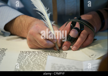 Un scribe juif appelé Sopher écrit lettres hébraïques sur parchemin formant un nouveau Sefer Torah. Le port de tefillin. Banque D'Images