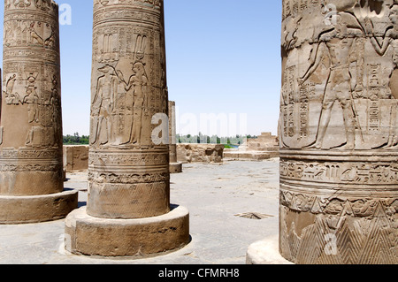 Kom Ombo. L'Égypte. L'Afrique. Vue de la colonnes hautement décoré qui conservent encore des traces claires de la peinture dans le soulagement Banque D'Images