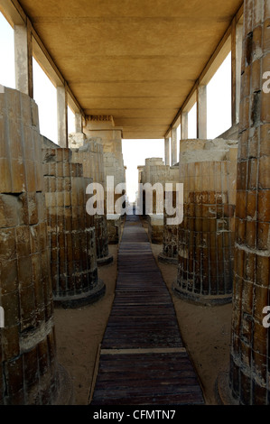 Saqqara. L'Égypte. Vue sur les deux rangées de 20 colonnes striées Plus de six mètres de haut dans la galerie d'entrée à l'Saqqarah Djoser Banque D'Images