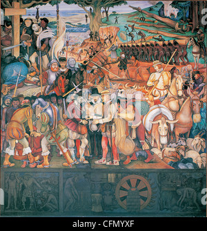 La conquête ou l'arrivée d'Hernan Cortes à Veracruz par Diego Rivera Mexico Mexique Banque D'Images