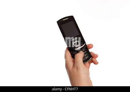 Gros plan d'une part des messages sur un téléphone portable noir Banque D'Images