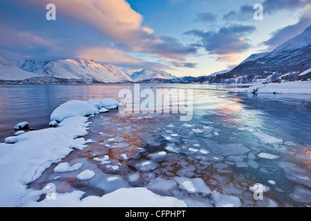 À la recherche de l'autre côté de la mer gelée d'Ullsfjord de Sjursnes, vers le sud des Alpes de Lyngen, au coucher du soleil, Troms, Norvège, Europe Banque D'Images