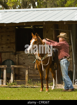 Un cowboy se préparent à monter son cheval. Banque D'Images