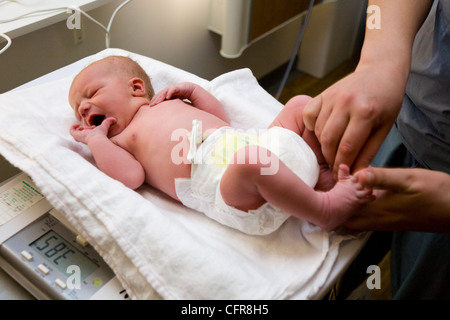 Les mains d' sage-femme effectuer un examen physique health check test test sur le nouveau-né / bébé nouveau-né après la naissance de l'être né / UK Banque D'Images