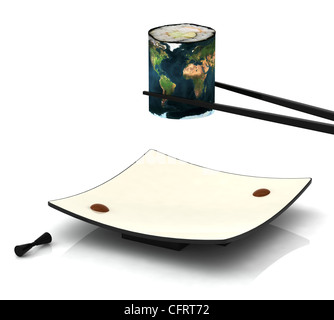 Assiette de sushi avec earth map 3d illustration Banque D'Images