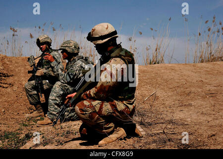 Mar 28, 2007 - Shakarah, Diyala, l'IRAQ - Premier lieutenant MICHAEL PATRICK STALLINGS, d'Austin, de gauche, de l'interprète Saif, et le lieutenant de l'armée iraquienne Saad regarder comme soldats suivre un fil de cuivre qu'ils croyaient être relié à une bombe dans Shakarah, l'Iraq, le mercredi 28 mars 2007. Le fil a été repéré Banque D'Images